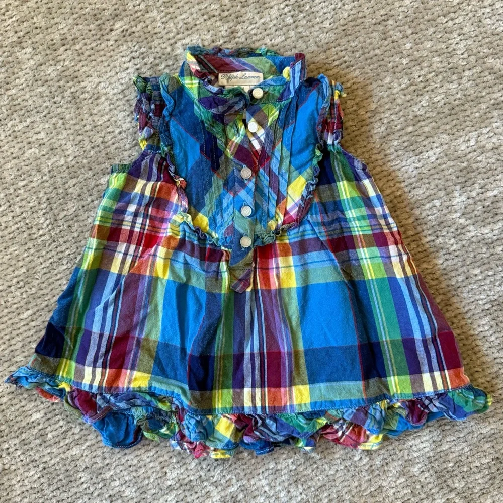 Ralph Lauren Baby Dress 3M Multicolor‎ Madras Plaid Ruffle Trim Monogram Buttons